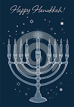 Hanukkah greeting card. blue and silver